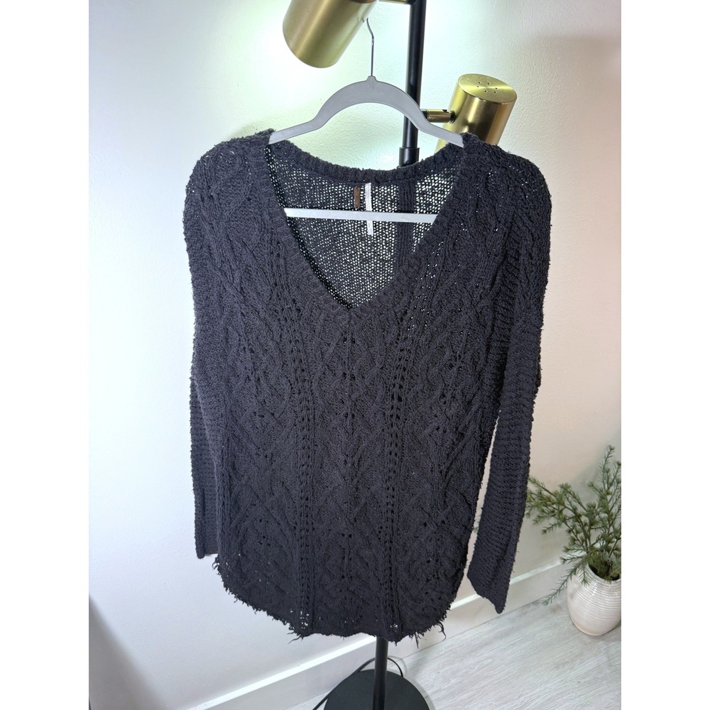 Free People sweater long black grunge knit raw edge 90s boho indie sleaze sm euc
